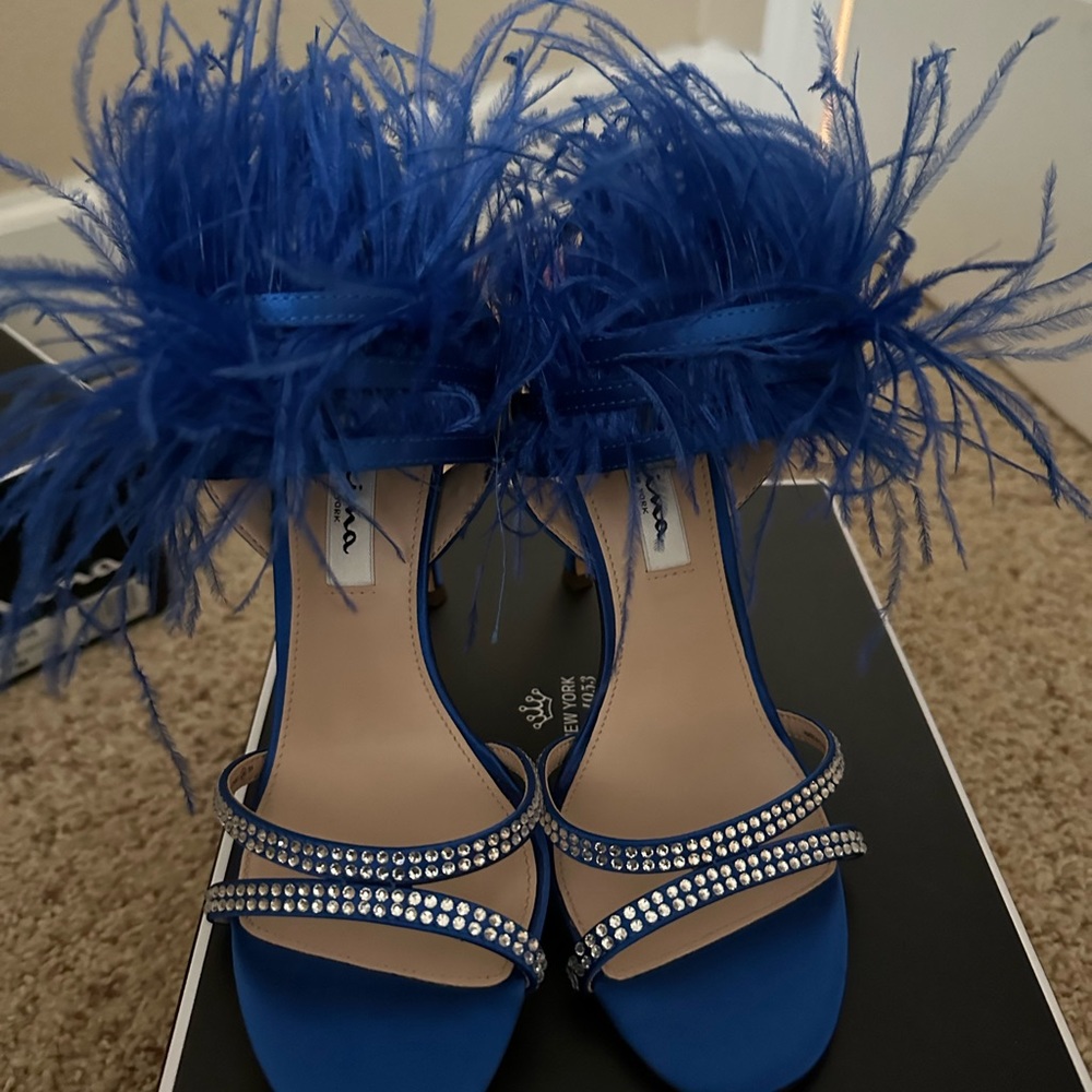 Womens Electric Blue Satin Crystal Feather Stiletto Slingback Dress Sandal